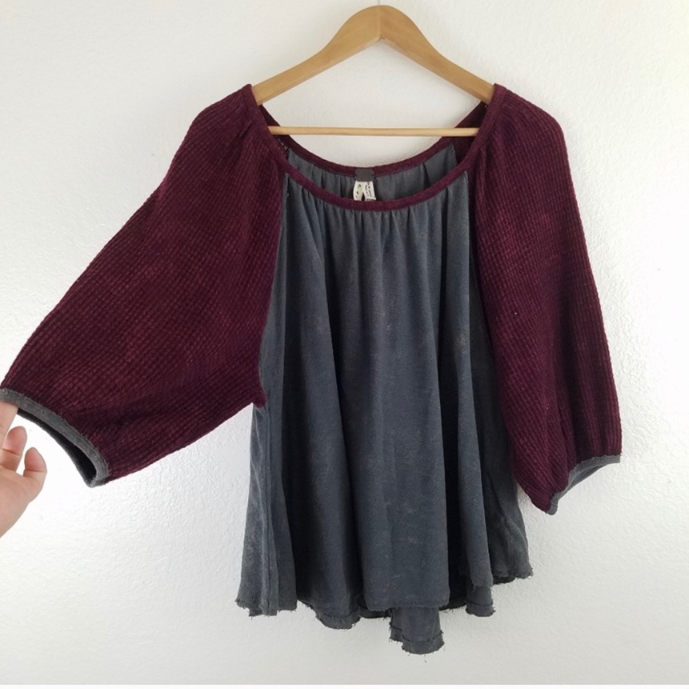 Free People Wide Sleeve Maroon Waffle Knit Blouse